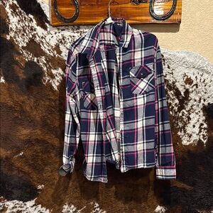 Magellan Outdoors Navy and Pink Plaid Shirt